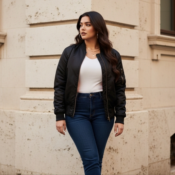 Women's Black Bomber Jacket with Orange Lining - Picture 10 of 14